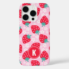 Pink Red Strawberries Floral Pattern Monogram iPhone 16 Proケース