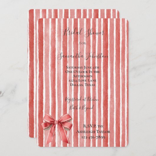 Pink Red Stripes Bow Bridal Shower 招待状 (正面/裏面)