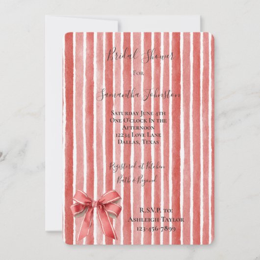 Pink Red Stripes Bow Bridal Shower 招待状 (正面)