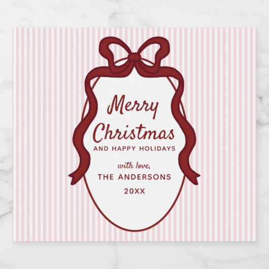 Pink & Red Stripes & Bow Frame Christmas  ビールラベル (シングルラベル)