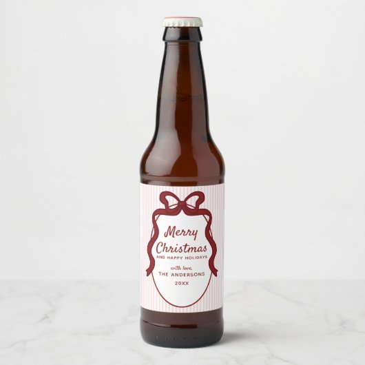 Pink & Red Stripes & Bow Frame Christmas  ビールラベル (正面)