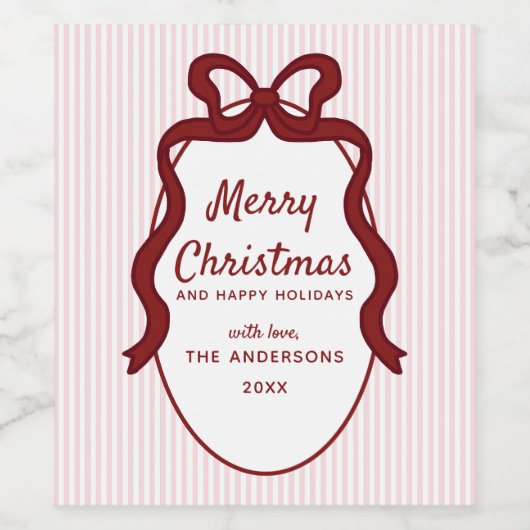 Pink Red Stripes & Bow Frame Christmas  ワインラベル (シングルラベル)