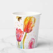 Pink Red Tulip and Bee Watercolor Painting Wedding 紙コップ (裏面)