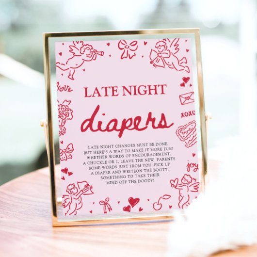 Pink Red Valentine Baby Shower Late Night Diapers ポスター