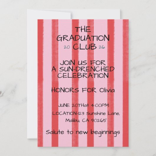 Pink Red Watercolor Stripes Graduation Invitation  招待状 (正面)