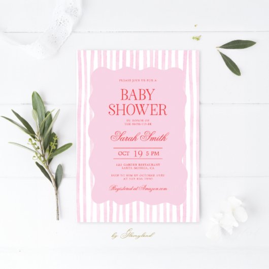 Pink Red Wavy Baby Shower Girl Invitation 招待状