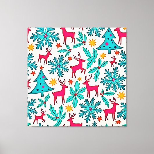 Pink Reindeer Teal Tree Pattern Design キャンバスプリント (正面)