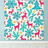 Pink Reindeer Teal Tree Pattern Design キャンバスプリント (インサイチュ (ウッドフロア))