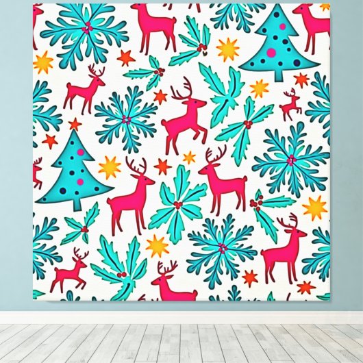 Pink Reindeer Teal Tree Pattern Design キャンバスプリント (インサイチュ (ウッドフロア))