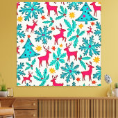Pink Reindeer Teal Tree Pattern Design キャンバスプリント (インサイチュ (リビング))