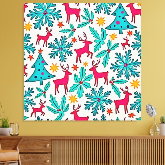Pink Reindeer Teal Tree Pattern Design キャンバスプリント (インサイチュ (リビング))