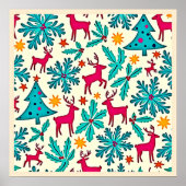 Pink Reindeer Teal Tree Pattern Design ポスター (正面)