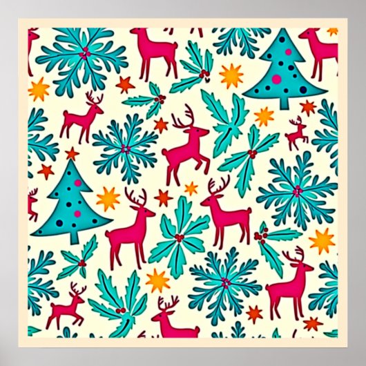 Pink Reindeer Teal Tree Pattern Design ポスター (正面)