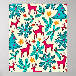 Pink Reindeer Teal Tree Pattern Design ポスター