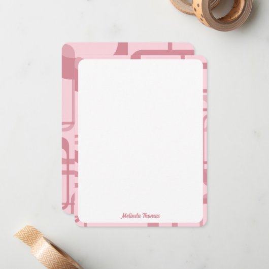 Pink Retro 60's 70's Abstract Pattern Custom Name ノートカード (正面/裏面インサイチュ)