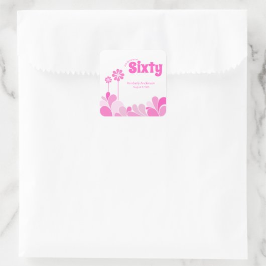 Pink Retro 60th Birthday Party スクエアシール (バッグ)