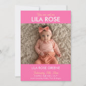 Pink Retro Bow Photo Birth Announcement Card 招待状 (正面)