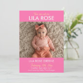 Pink Retro Bow Photo Birth Announcement Card 招待状 (スタンド正面)