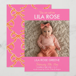 Pink Retro Bow Photo Birth Announcement Card 招待状