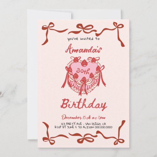 Pink Retro Cake and red Bow Coquette Birthday 招待状 (正面)