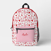 Pink Retro Cherry & Bows Checkerboard with Name プリントバックパック (正面)