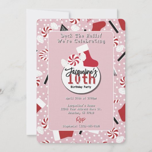 Pink Retro Christmas Peppermint Birthday 招待状 (正面)