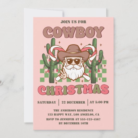 Pink Retro Cowboy Christmas Party 招待状 (正面)