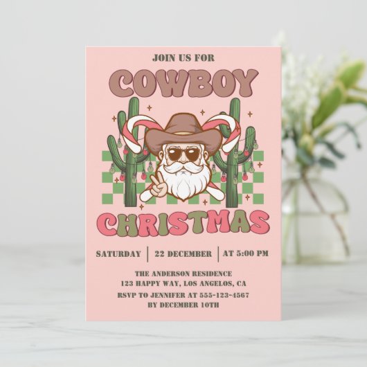Pink Retro Cowboy Christmas Party 招待状 (スタンド正面)