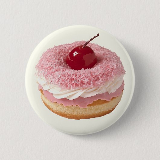Pink Retro Cute Vintage Cherry Donut Button 缶バッジ (正面)