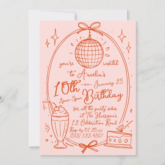 Pink Retro Disco Girl Birthday Party Invite 招待状 (正面)