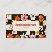 Pink Retro Floral Checkered Business Card 名刺 (正面)