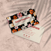 Pink Retro Floral Checkered Business Card 名刺