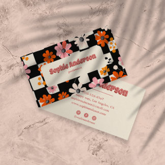 Pink Retro Floral Checkered Business Card 名刺