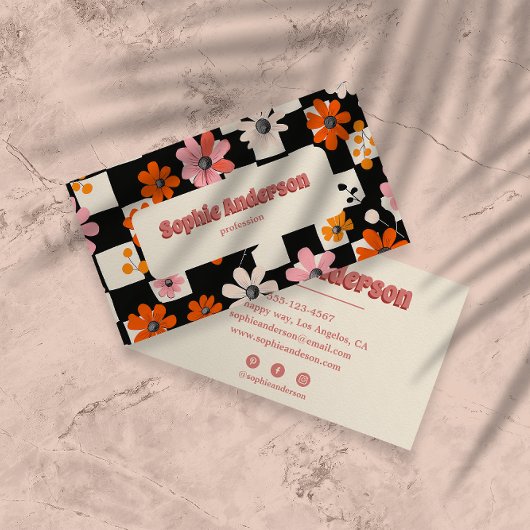 Pink Retro Floral Checkered Business Card 名刺