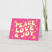 Pink Retro Groovy Peace Love Joy Christmas 箔シーズンカード (正面)