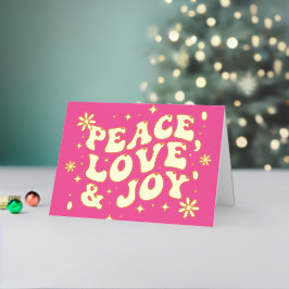 Pink Retro Groovy Peace Love Joy Christmas 箔シーズンカード