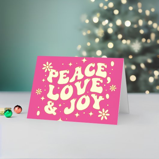 Pink Retro Groovy Peace Love Joy Christmas 箔シーズンカード (クリスマスインサイチュ2)