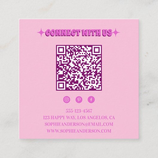 Pink Retro Groovy Wavy Checkered with QR Code      スクエア名刺 (裏面)