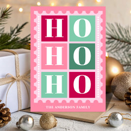 Pink Retro Ho Ho Ho Christmas Postage Stamp シーズンカード