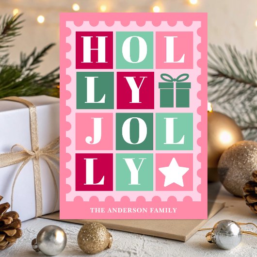 Pink Retro Holly Jolly Christmas Postage Stamp シーズンカード