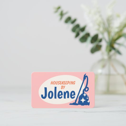 Pink Retro House Cleaning Vacuum Business Card 名刺 (スタンド正面)