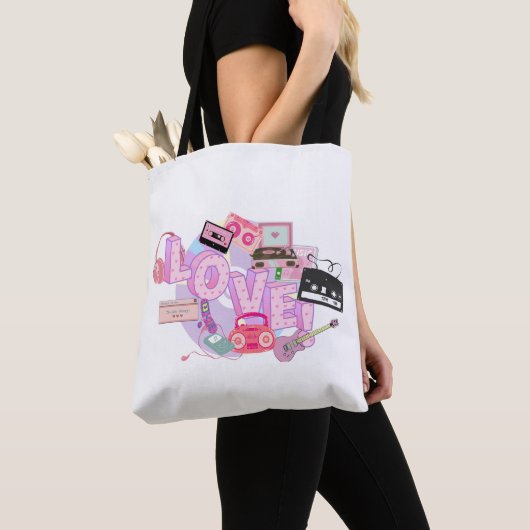 Pink Retro LOVE Tote – 90s Hits & Early 2000s  トートバッグ (クローズアップ)