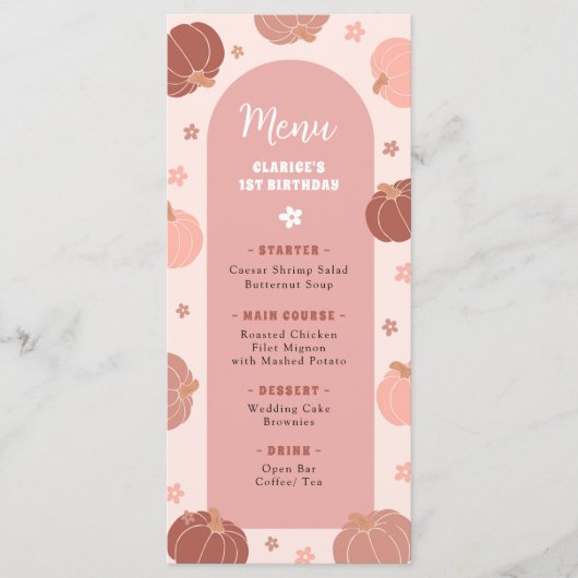 Pink Retro Pumpkin Boho First Birthday Menu メニュー (正面)