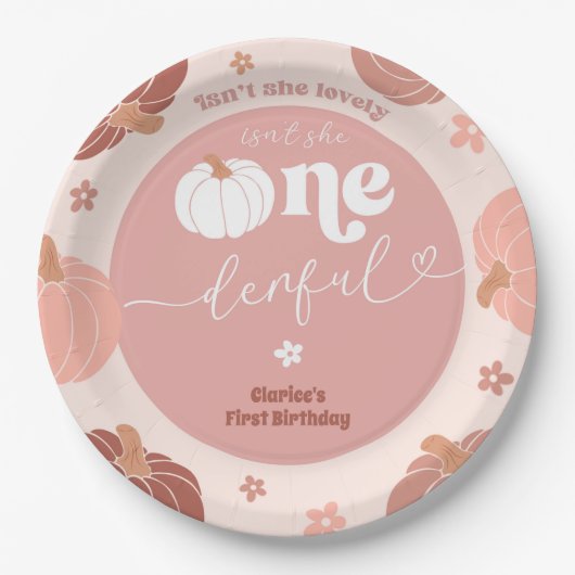 Pink Retro Pumpkin First Birthday Paper Plate ペーパープレート (正面)
