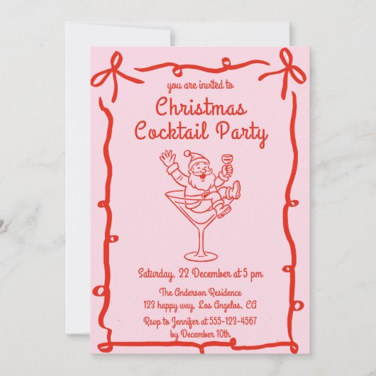 Pink Retro Santa Christmas Cocktail Party 招待状 (正面)