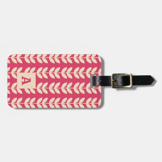 Pink Retro Vibe Leaf Pattern Monogram ラゲッジタグ (正面横)