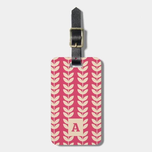 Pink Retro Vibe Leaf Pattern Monogram ラゲッジタグ (正面縦)