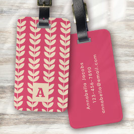 Pink Retro Vibe Leaf Pattern Monogram ラゲッジタグ