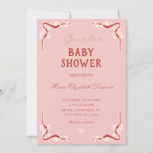 Pink retro vintage baby shower 招待状 (正面)