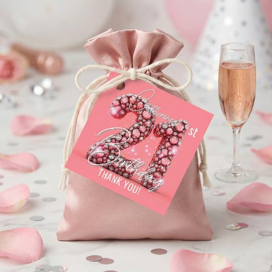 Pink Rhinestone Jewel 21st Birthday Thank You フェイバータグ